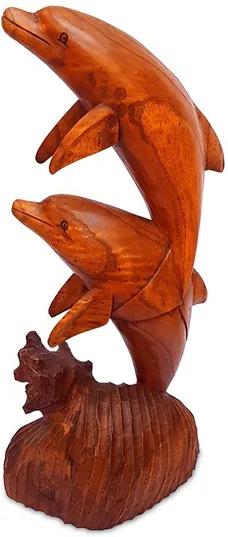 Escultura Golfinhos em Madeira Suar - Bali