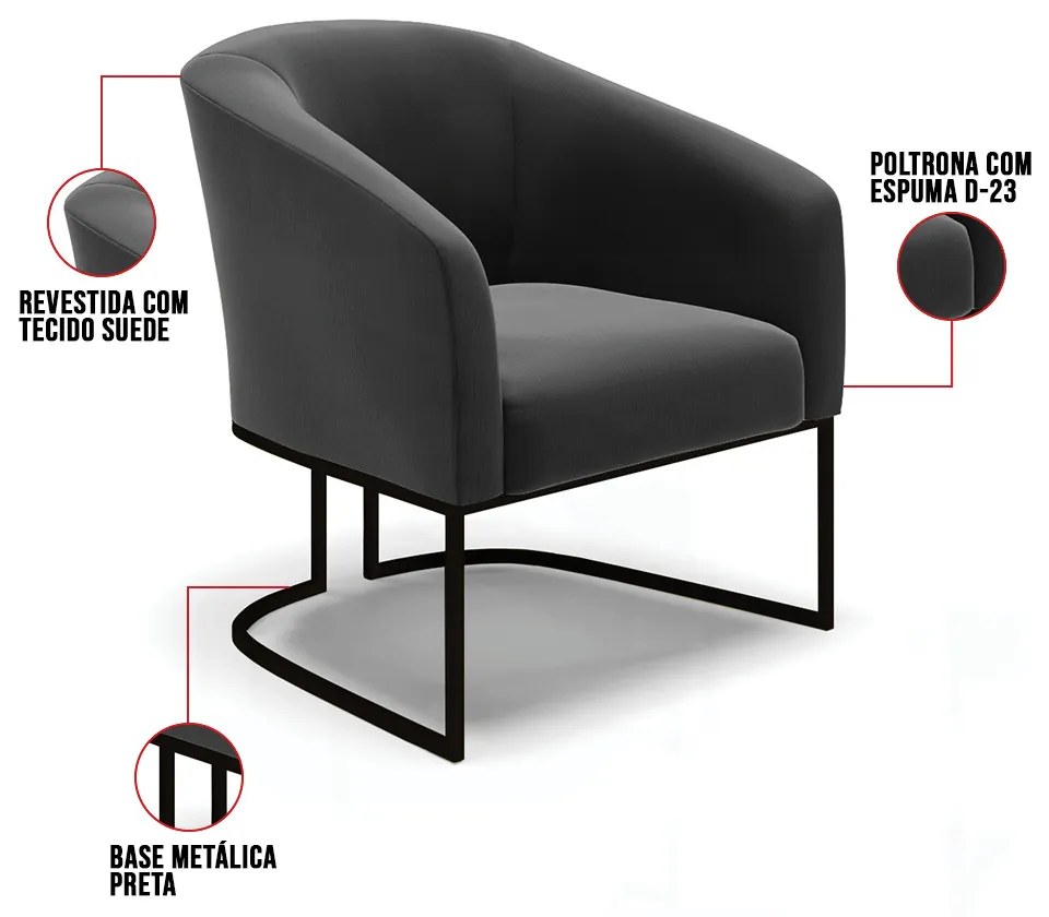 Cadeira Sala de Jantar Base Industrial Preto kit 2 Stella Suede D03 - D'Rossi - Preto