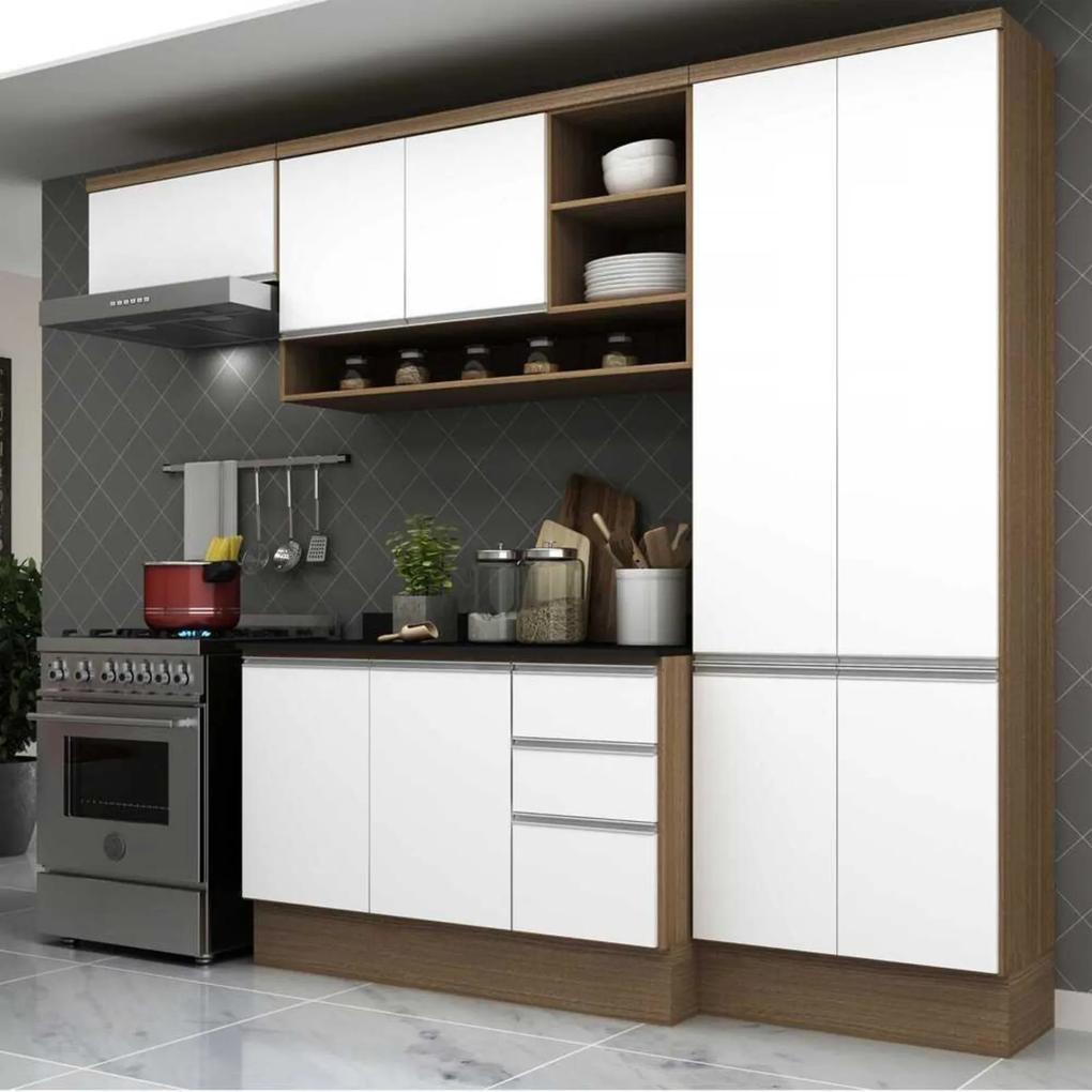 Cozinha Completa Compacta com Armário e Balcão com Tampo Hollywood Multimóveis Nogueira/Branco