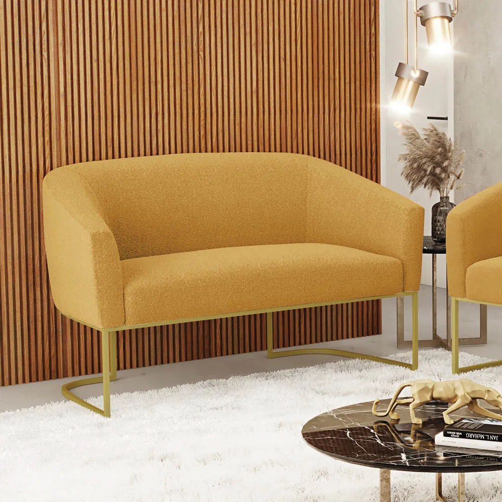 Sofá 2 Lugares Namoradeira Industrial Dourado Stella Bouclê D03 - D'Rossi - Mostarda