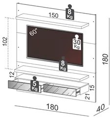 Painel Bancada Suspensa Para TV Até 60 Pol. TB107E Com LED 2 Gavetas O