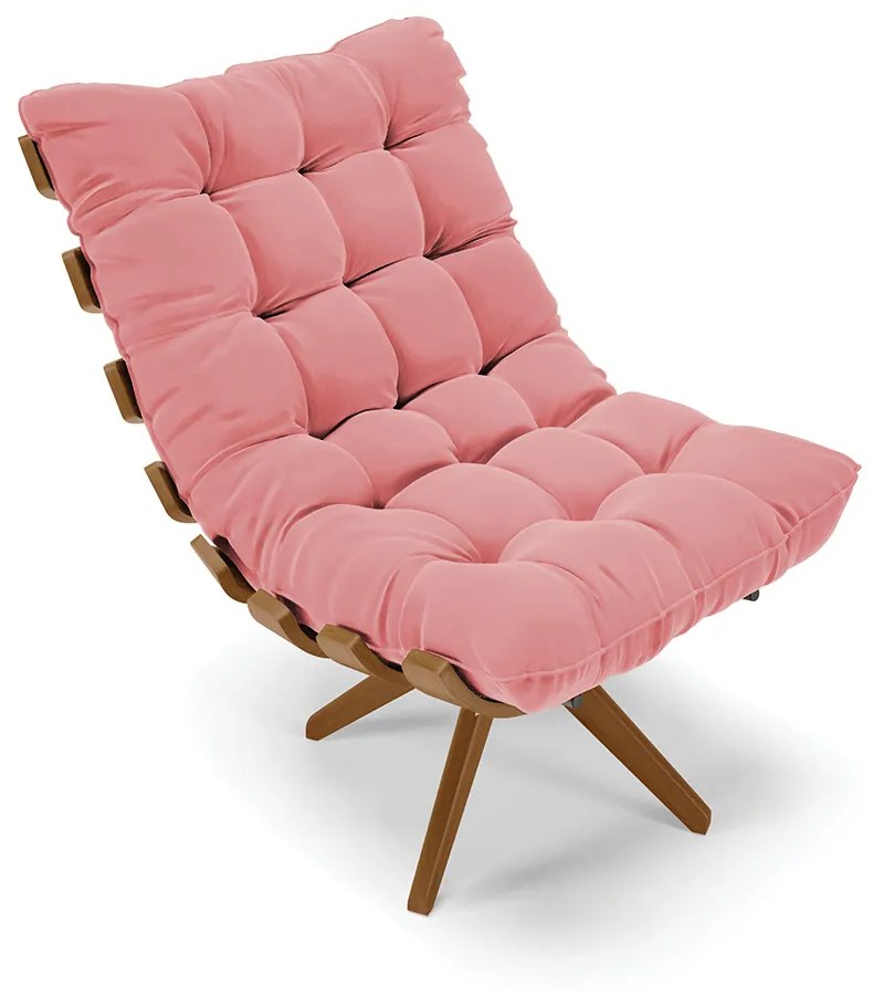 Poltrona com Puff Giratório Costela Suede Base de Madeira MA30 M11 - D'Rossi - Rose