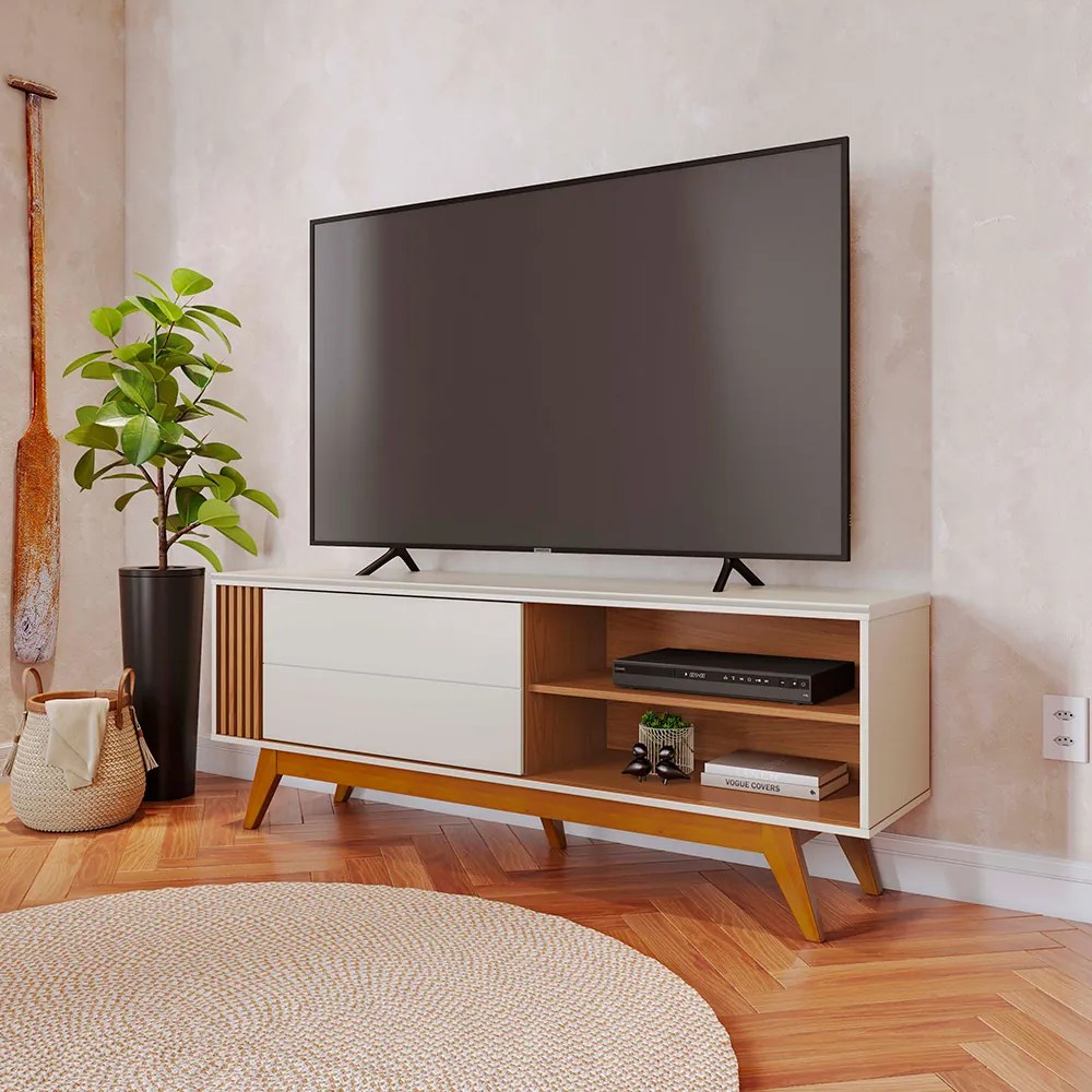 Rack para Sala Bancada de TV 60'' 1 Porta Ripado Tarsila C04 - D'Rossi - Off Matte e Freijó