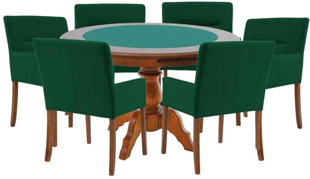 Mesa de Jogos Carteado Redonda Montreal Tampo Reversível Amêndoa com 6 Cadeiras Vicenza Verde - Gran Belo