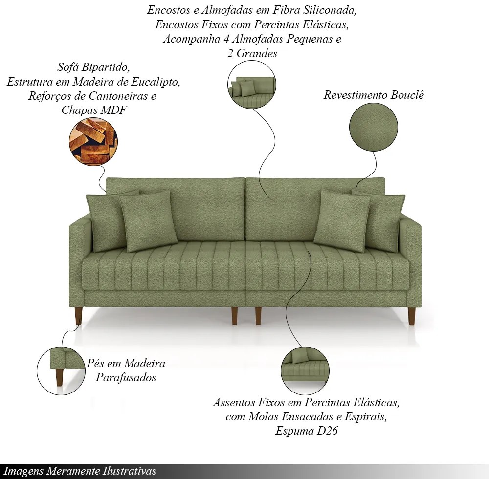 Sofá Living Decorativo Hamburgo Bipartido 2 Lugares 216cm com Almofadas Pés em Madeira Bouclê Verde G33 - Gran Belo