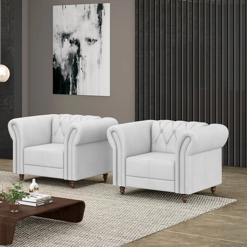 Kit 2 Poltronas Decorativas Sala de Estar Stanford Chesterfield Pés de Madeira Couro Branco G58 - Gran Belo