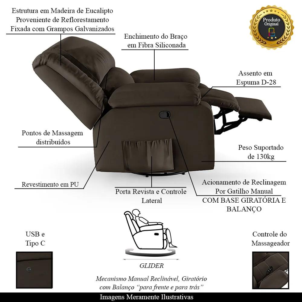 Poltrona do Papai Reclinável Sala de Cinema Madrid Glider Manual Giratória Massagem USB PU Marrom  G23