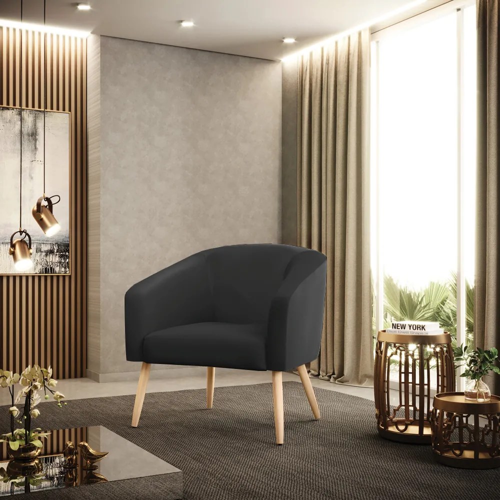 Poltrona Decorativa Pé Palito Natural Kit 2 Stella Sintético D03 - D'Rossi - Preto