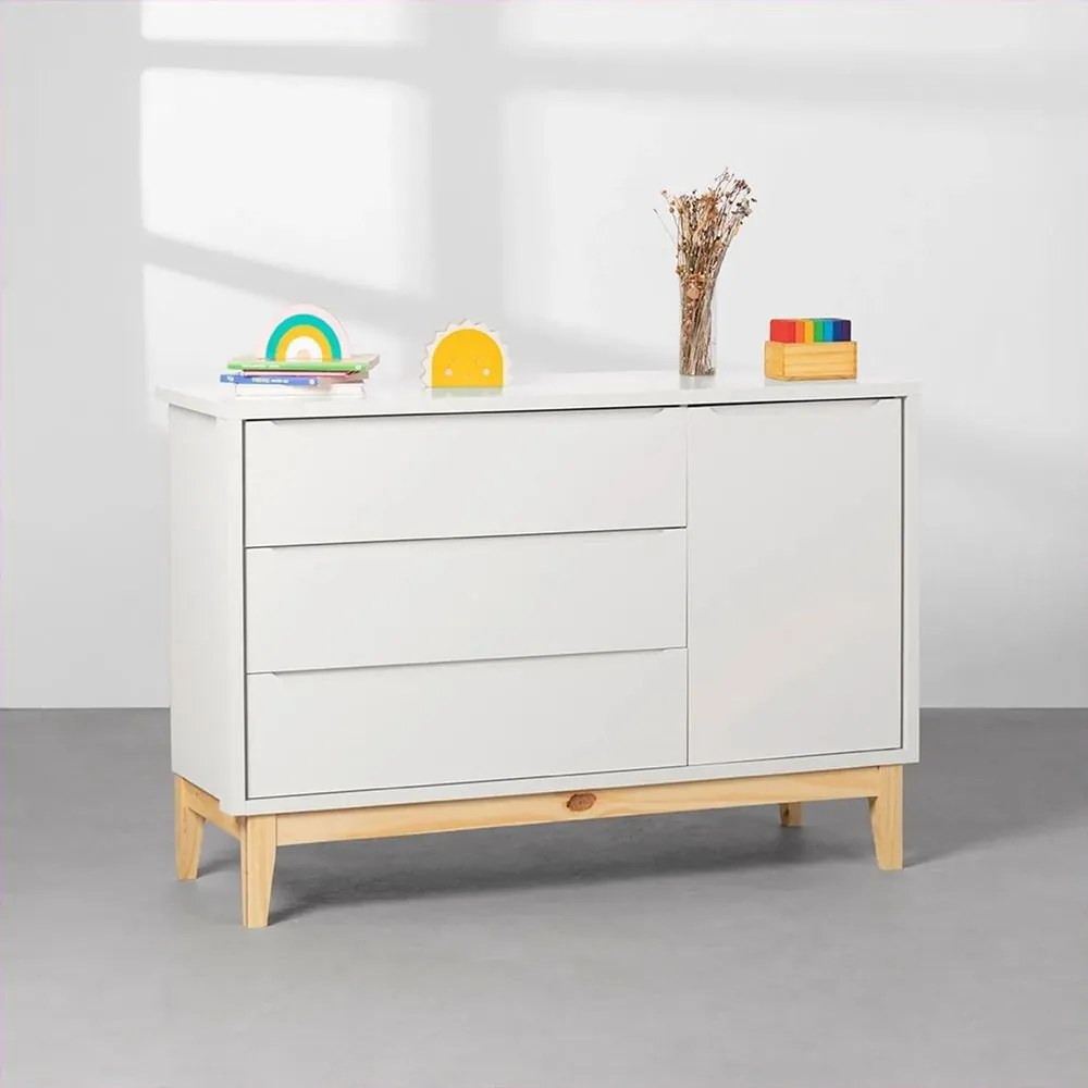 Cômoda Theo 1 Porta com Pés Square Natural - Branco Fosco