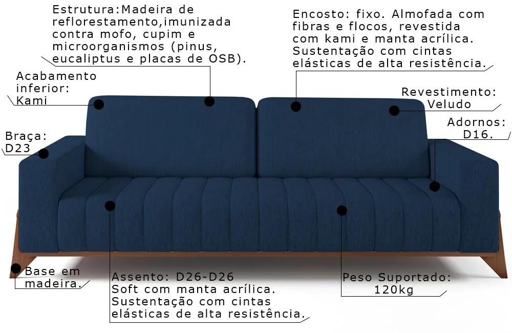 Jogo de Sofá 1 e 3 Lugares Sala de Estar Base Madeira Verônica Veludo Azul Marinho G45 - Gran Belo