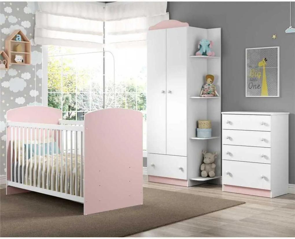 Quarto Infantil completo JoÁo e Maria Multimóveis Branco/Rosa com Berço + Guarda roupa + cômoda Branco