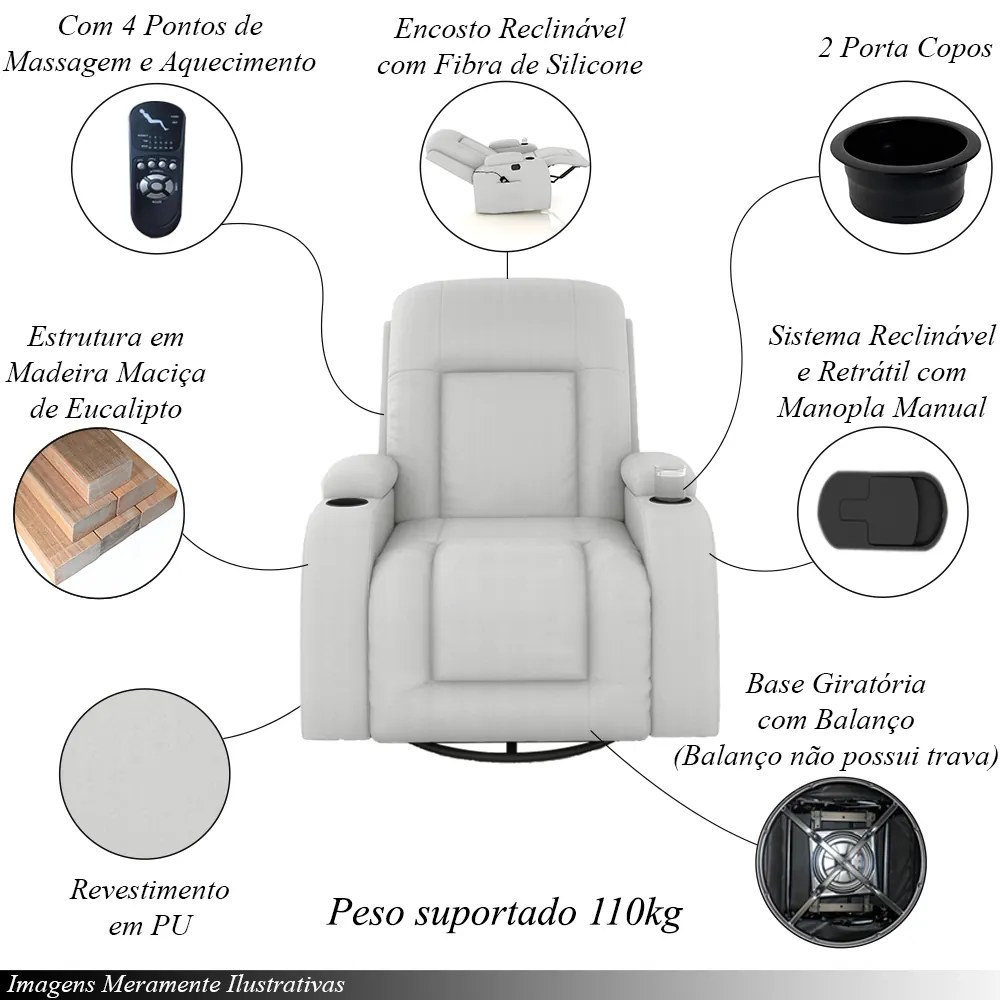 Poltrona do Papai Reclinável Giratória e Balanço Sala de Cinema Crihs com Massagem e Aquecimento PU Branco G23 - Gran Belo