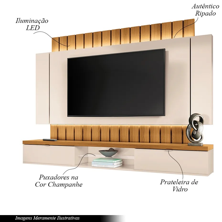 Painel Home Suspenso 2.2 para TV até 70" Sala de Estar Illusion Off White/Cinamomo G26 - HB Móveis