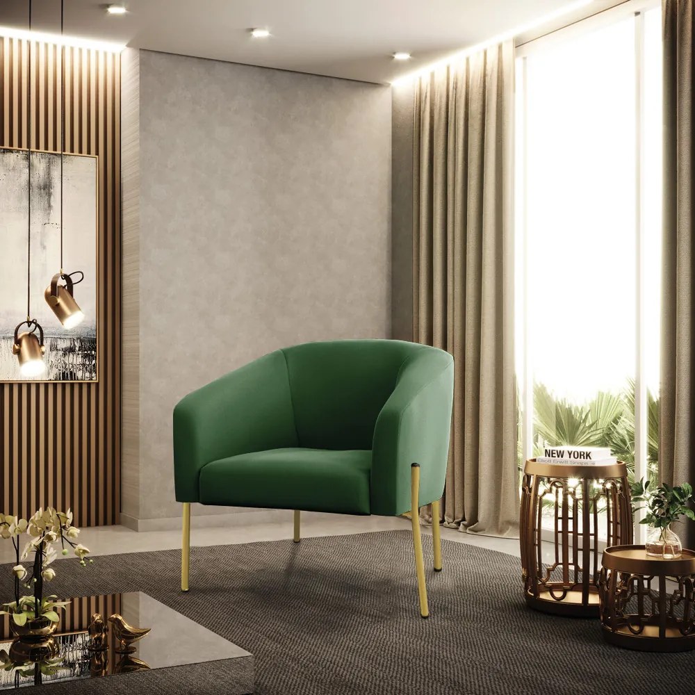 Poltrona Decorativa Pé de Ferro Dourado Stella Suede Verde D03 - D'Rossi