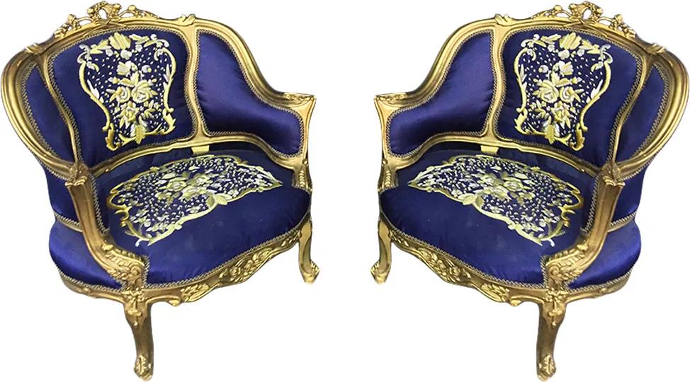 Par de Poltronas Luis XV Folheada a Ouro Estofado Azul