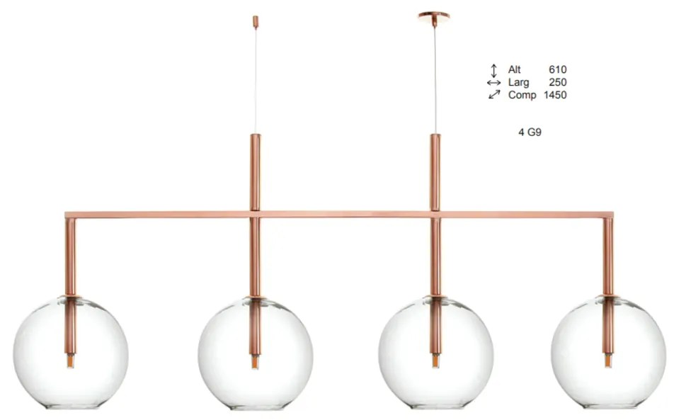 Pendente Solênio Retangular Barra E Tubo 145X25X61Cm Globo Aberto Ø25C... (BRANCO / COBRE BRILHO, AMBAR)