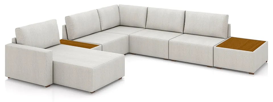 Sofá de Canto Decorativo Sala de Estar 715cm Modulado Takashi com Chaise e Puffs Linho Off White G45 - Gran Belo