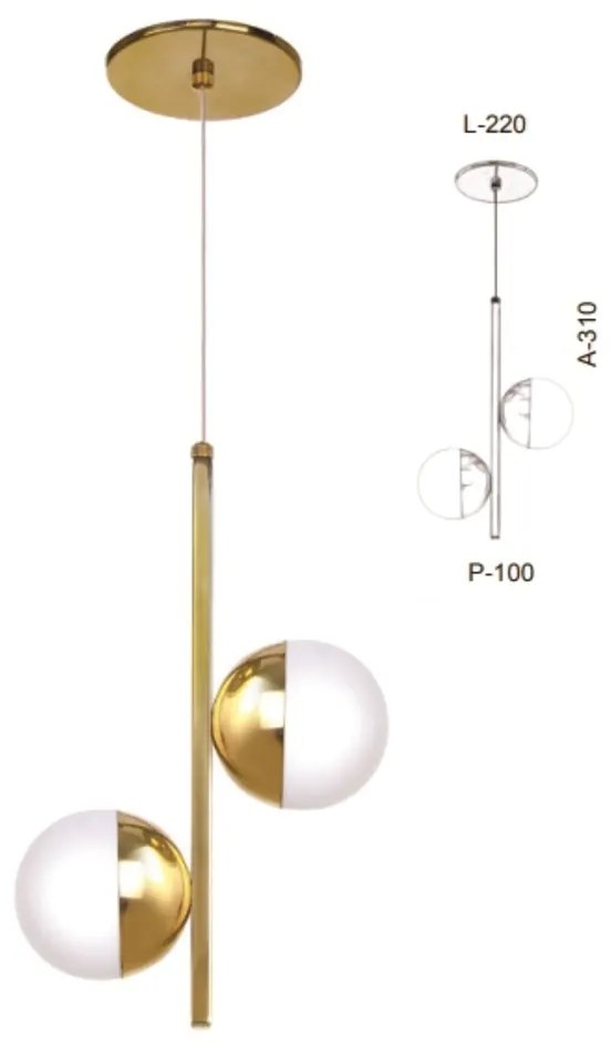 Pendente Haste Vertical Globo Duplo 22X10X31Cm Metal E Globo Ø10Cm 02X... (LUNA / DOURADO BRILHO, AMBAR)