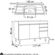 Balcão de Cozinha com Pia Inox 120cm 3 Portas Michigan Cinza Claro - L