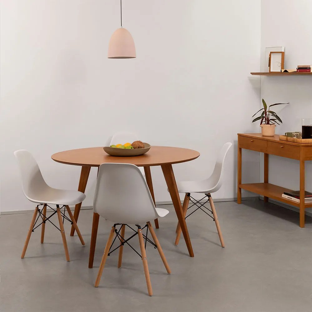 Conjunto Mesa Square Laminada Redonda Natural - 1,18m + 4 Cadeiras Eiffel PP - Branco