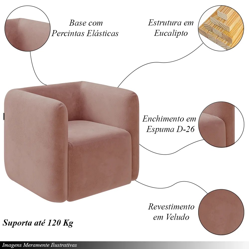 Kit 2 Poltronas Decorativas Sala de Estar Trinidad Base Fixa Veludo Rosê G33 - Gran Belo