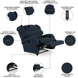 Poltrona do Papai Reclinável Kalie Power Touch Massagem FH9 Veludo Azu