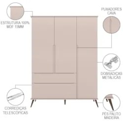 Guarda Roupa Infantil 100% MDF Pés Retrô Mel Z39 Rosê - Mpozenato