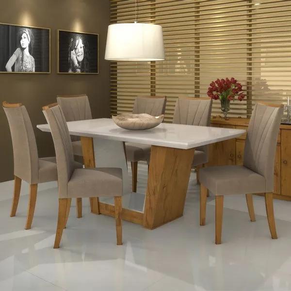 Sala de Jantar Apogeu com 6 Cadeiras, Tampo Off White com vidro - Lopas Rovere-Soft-Animalle-Bege