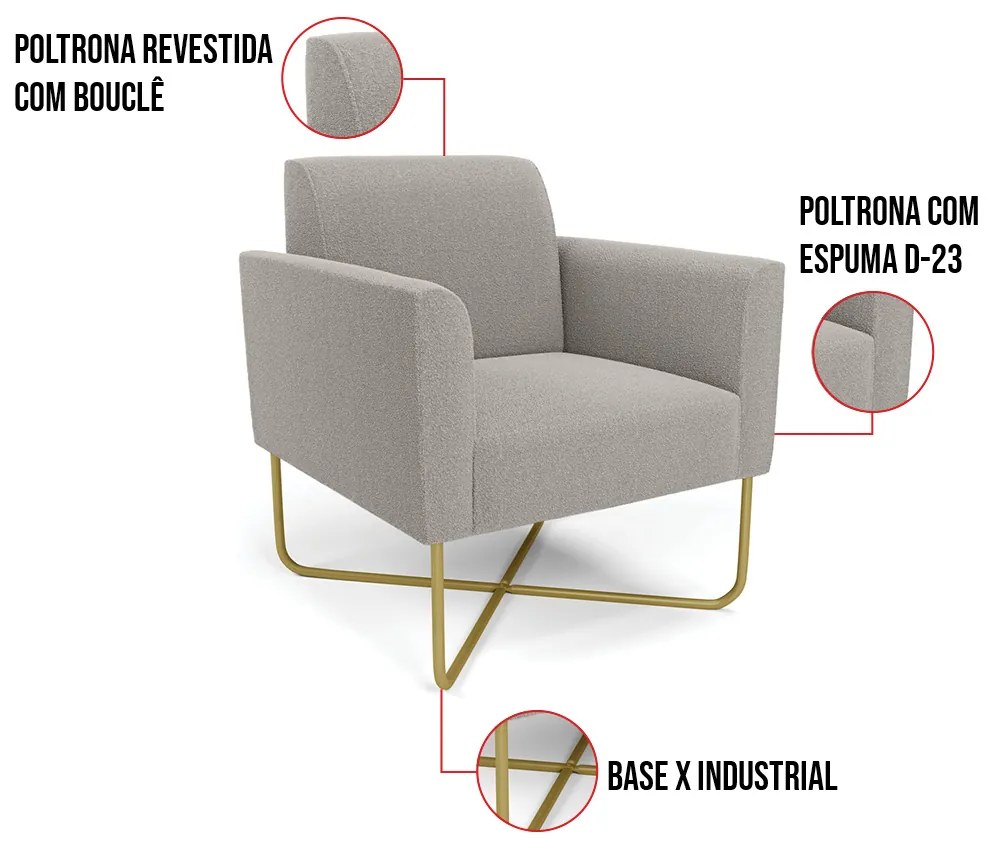 Poltrona Sala Base X Industrial Dourado Kit 2 Marisa Bouclê Cinza D03 - D'Rossi