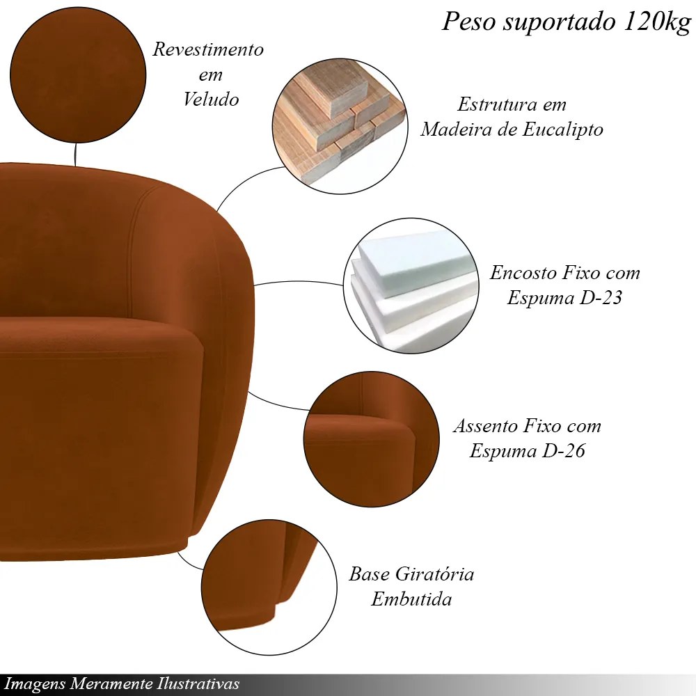 Kit 2 Poltronas Decorativas Sala de Estar Íbis Encosto Fixo Veludo Terracota G33 - Gran Belo