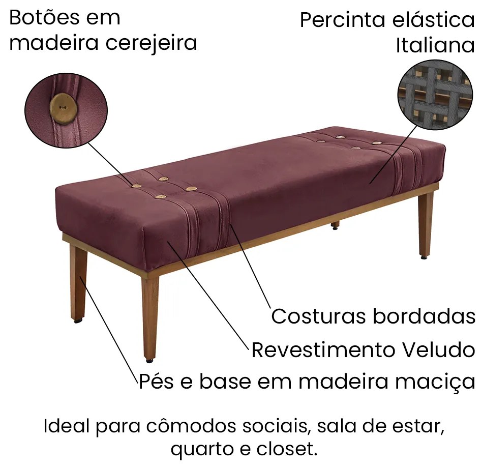 Divã Recamier Banco Base Madeira para Quarto Gênova 160cm Veludo Vinho S04 - D'Rossi