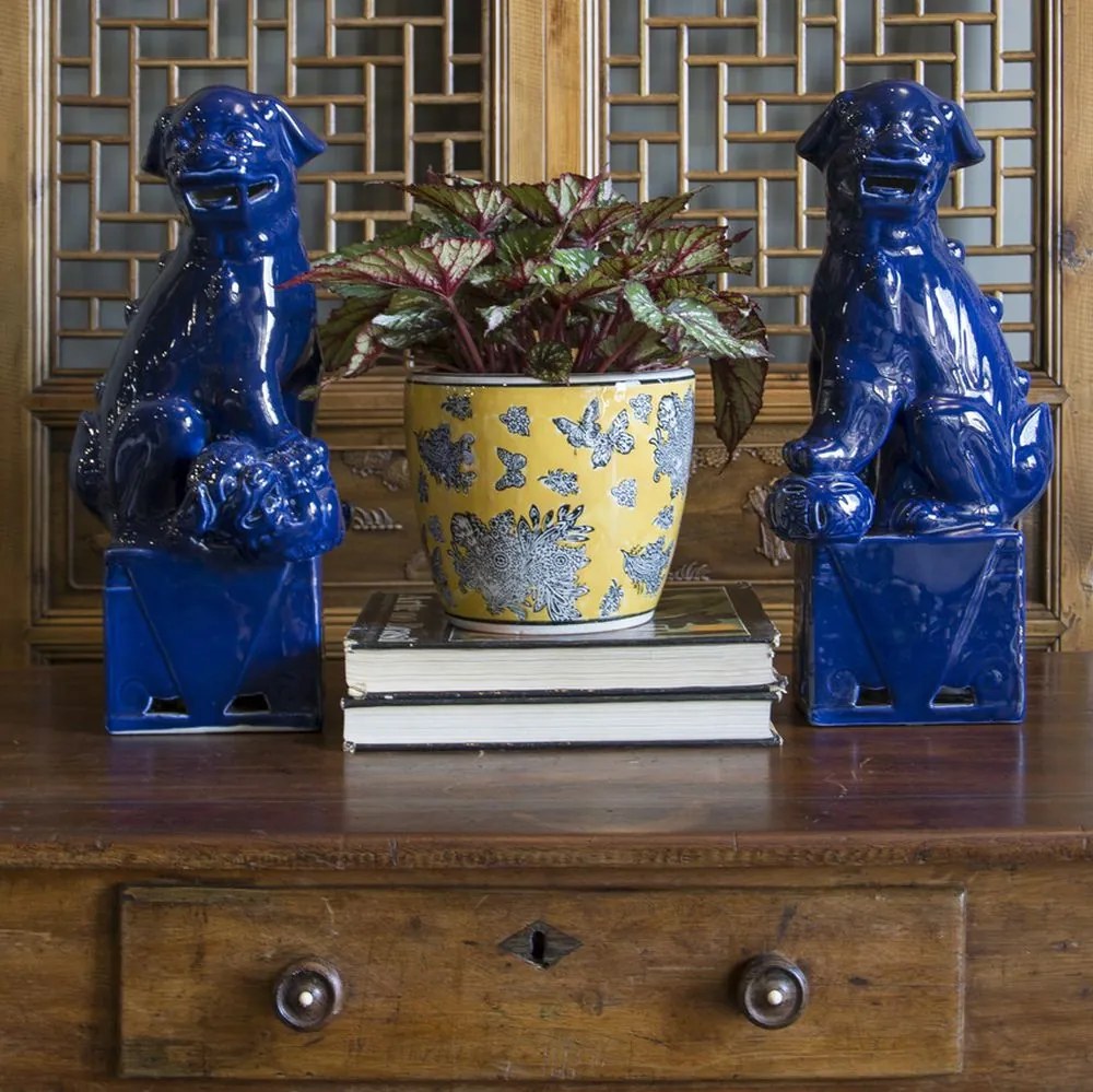 Estatueta Par de Leões Chineses em Porcelana Azul GG