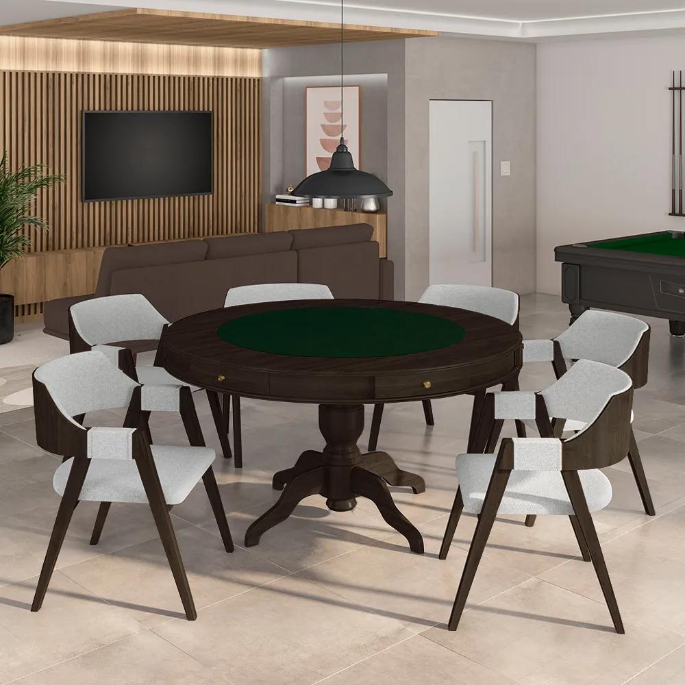 Conjunto Mesa de Jogos Carteado Bellagio Tampo Reversível Verde e 6 Cadeiras Madeira Poker Base Estrela Linho Cinza/Capuccino G42 - Gran Belo