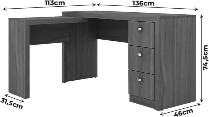 Escrivaninha Talissa de Canto C/ 3 Gavetas Carvalho