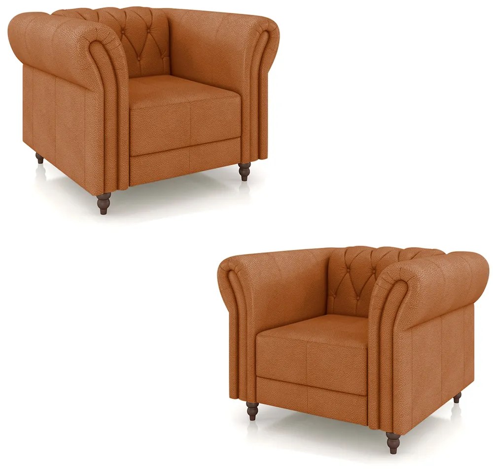 Kit 2 Poltronas Decorativas Sala de Estar Stanford Chesterfield Pés de Madeira Couro Terracota G58 - Gran Belo