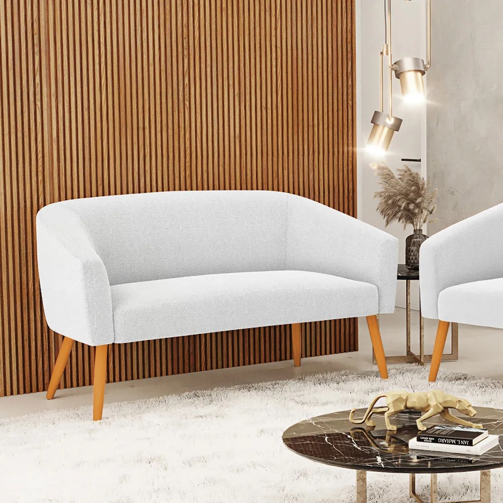 Sofá 2 Lugares Namoradeira Pé Palito Castanho Stella Bouclê D03 - D'Rossi - Off White