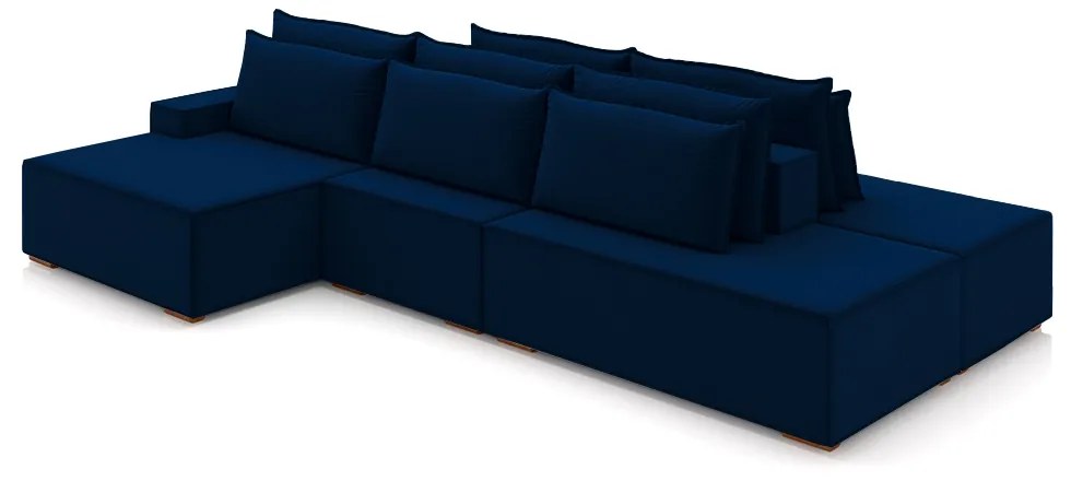 Sofá Ilha com Encosto e Almofadas Delta 355cm Modulado Chaise e Puffs Veludo Azul Marinho G52 - Gran Belo