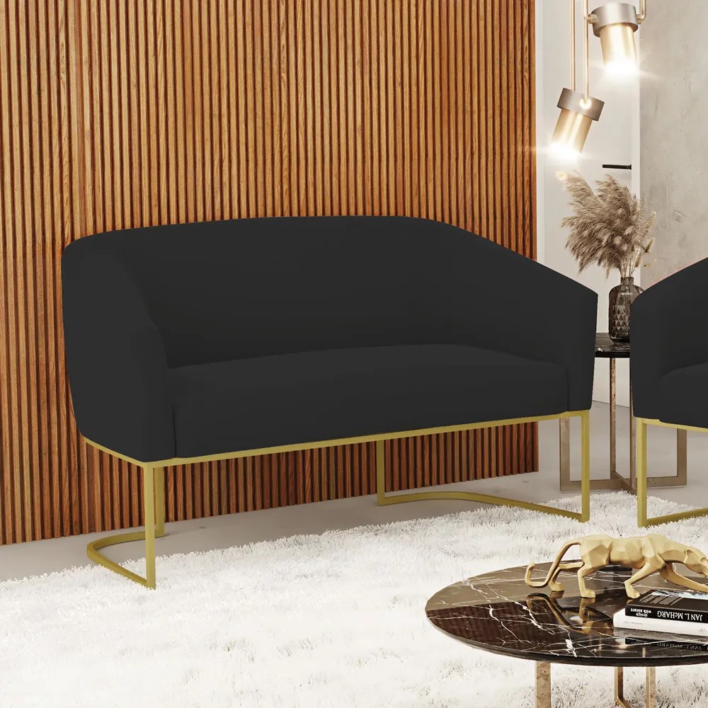 Sofá 2 Lugares Namoradeira Industrial Dourado Stella Veludo D03 - D'Rossi - Preto