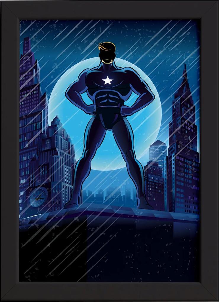 Quadro Super Heróis Geek Azul Estrela Moldura Preta 33x43cm