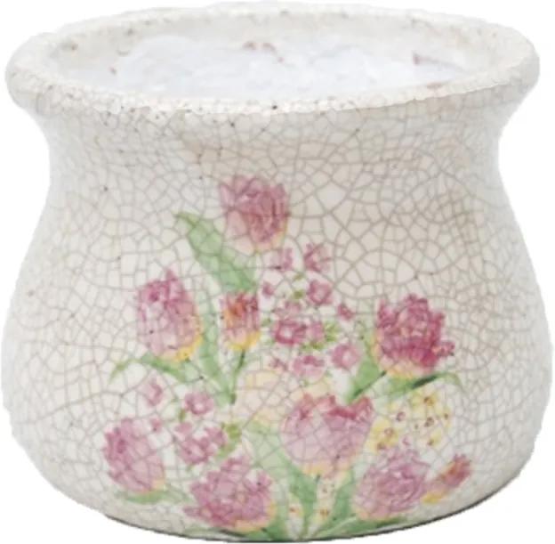Cachepot em Cerâmica na Cor Bege com Pintura de Flores - 16x13cm