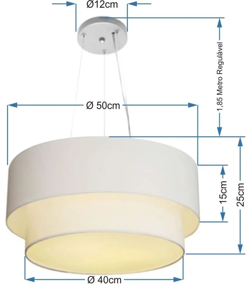 Lustre Pendente Duplo Cilíndrico Vivare Md-4061 Cúpula em Tecido 50x40cm - Bivolt