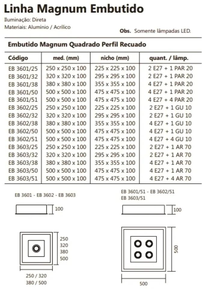 Luminária De Embutir Magnum Quadrado 50X50X10Cm 4L E27 + 04 Gu10 Mr16... (PT - Preto Texturizado)