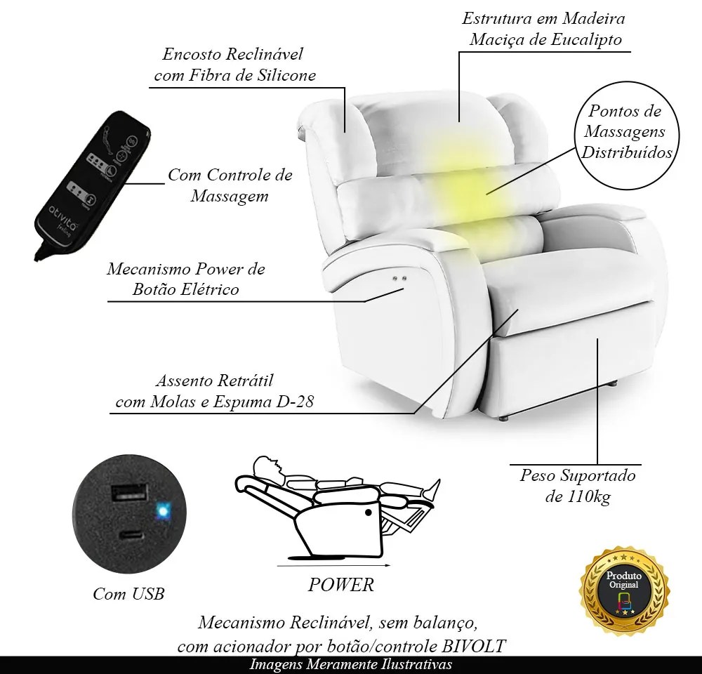 Poltrona do Papai Reclinável Napoli Power Touch Massagem PU Branco FH1 - D'Rossi