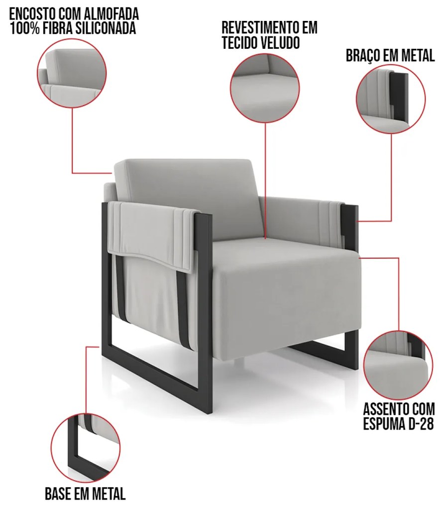 Poltrona Decorativa Base Industrial kit 2 Rory Veludo Cinza K01 - D'Rossi