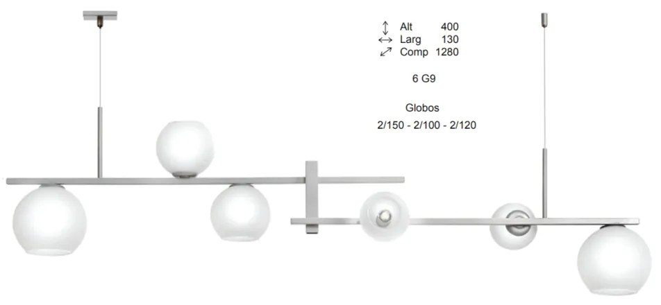 Pendente Tooren Retangular 128X13X40Cm Globos Aberto Ø10Cm / Ø12Cm / Ø... (BRANCO / DOURADO BRILHO, FOSCO (Branco))