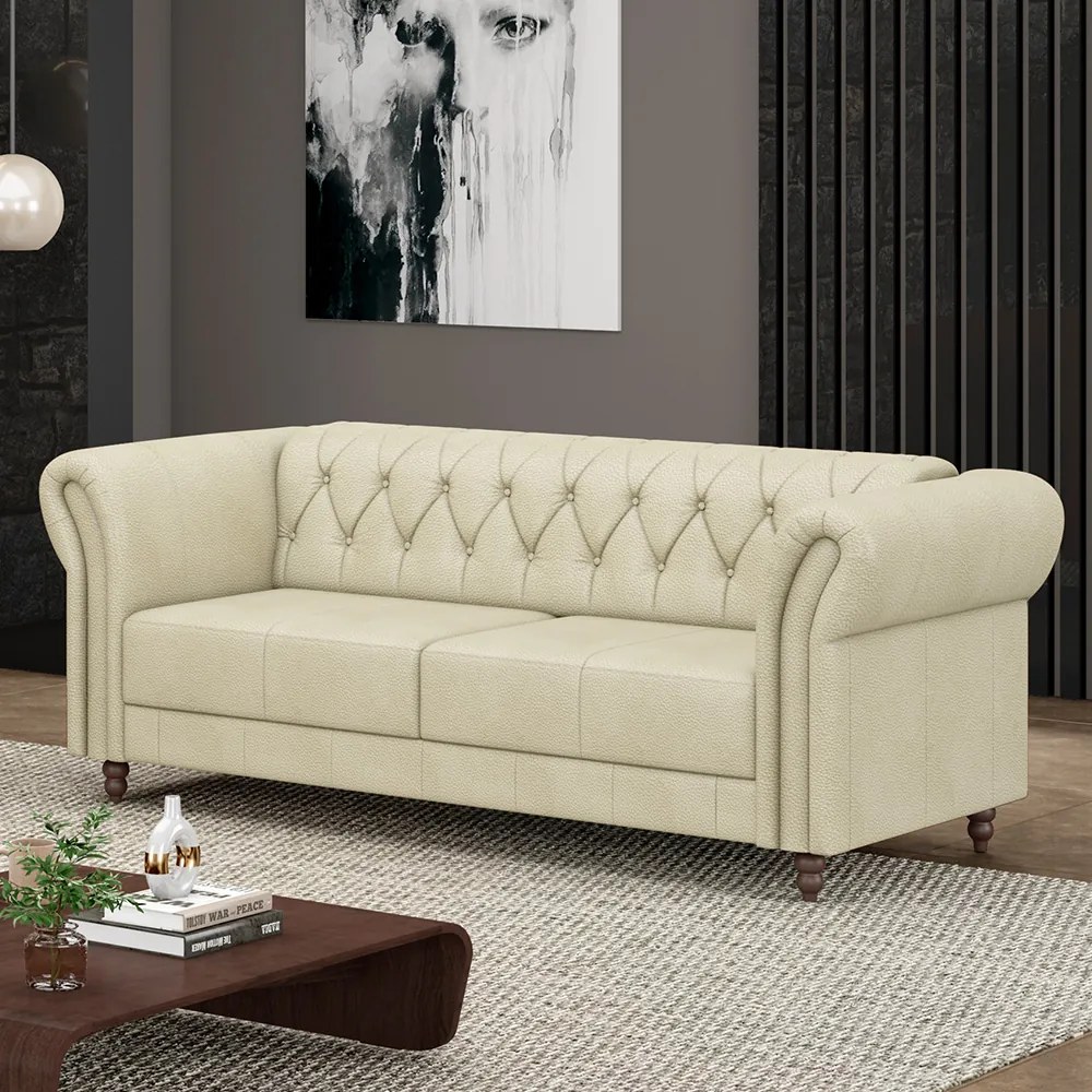 Sofá Living Sala de Estar Stanford Chesterfield 2 Lugares 180cm Pés de Madeira Couro Off White G58 - Gran Belo