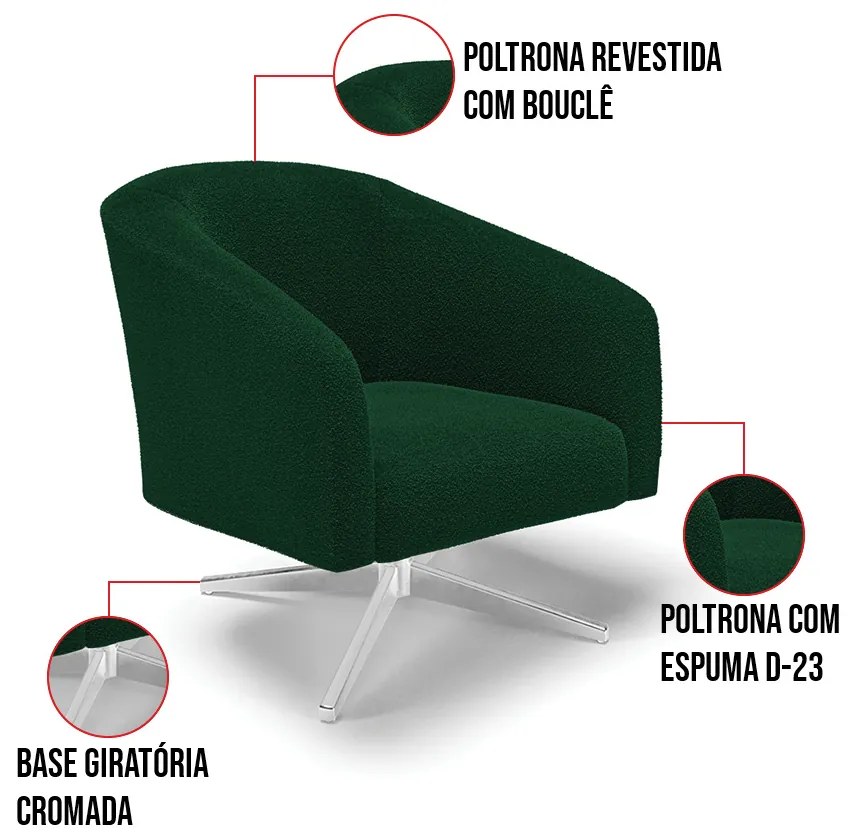 Poltrona Decorativa Giratória Cromada Kit 2 Stella Bouclê D03 - D'Rossi - Verde