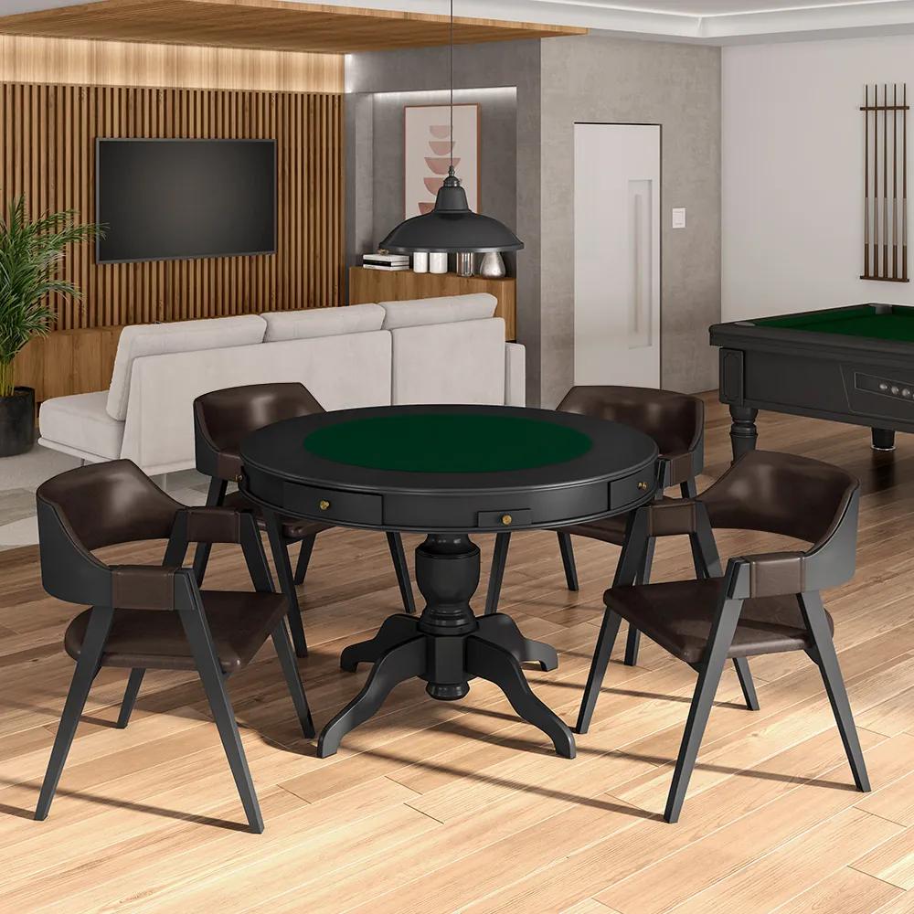 Conjunto Mesa de Jogos Carteado Bellagio Tampo Reversível e 4 Cadeiras Madeira Poker Base Estrela PU Marrom/Preto G42 - Gran Belo