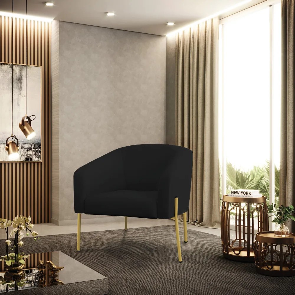 Poltrona Decorativa Pé de Ferro Dourado Kit 2 Stella Linho D03 - D'Rossi - A79 Preto