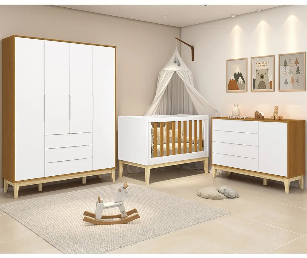 Kit Quarto Infantil com Pés Square Natural - Cômoda Elfe 4 Gavetas e 1 Porta + Guarda-Roupa Elfe + Berço Mini Cama Noah - Branco Fosco e Savana